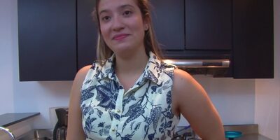 Naughty girl goes down on her man and blows him in the kitchen