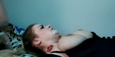 Busty bitch licks ass to her boyfriend, sucks and jerks!