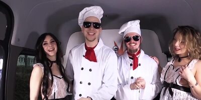 Lullu Gun and Eva Adams are blowing two guys in a van