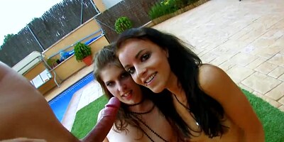 Two chicks are near the swimming pool with their male friend