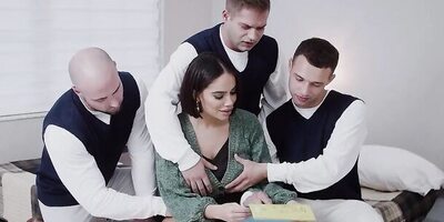 One horny cougar is being shagged by three horny fellows