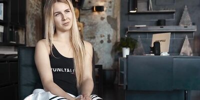 Shy blonde Alecia Fox is talking about sex at porn casting interview