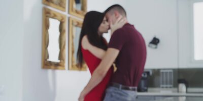 Brunette Jenny Doll in stockings rides a cock in the kitchen