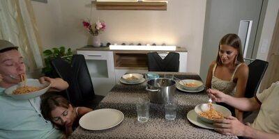 Tanned European women suck and ride two young gamers' cocks