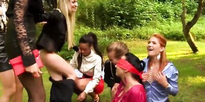 Bunch of horny lesbians are having golden shower party in the park