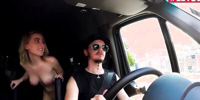 Busty blonde sucks a cock in the car and get screwed