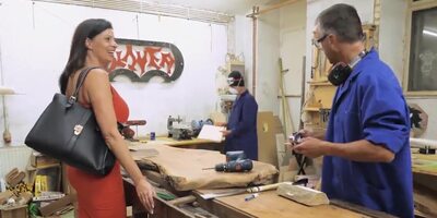 Hot MILF gets fucked by two carpenters at the workshop