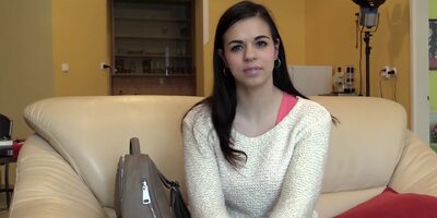 Shy brunette girl gets naked and masturbates at porn interview