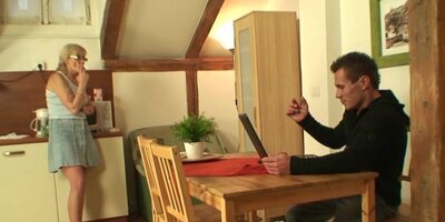 Guy convinces wife's blonde stepmom to have quickie