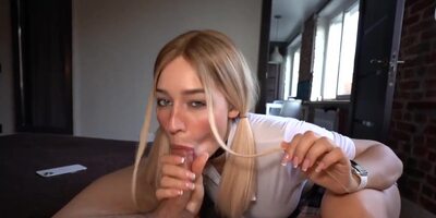 Ponytailed light-haired honey with blue eyes, Alice Redlips is providing an incredible fellatio to a acquaintance
