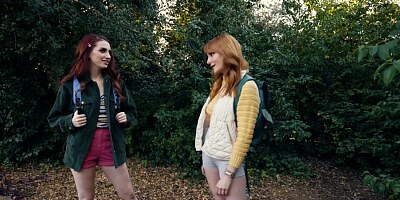 Naughty redhead fists neighbor's tight pussy outdoors