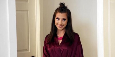 Petite maid in stockings takes care of mature penis