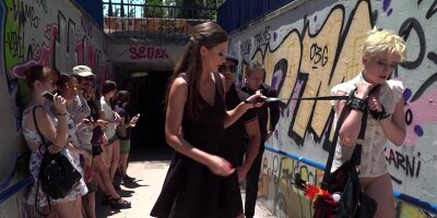 Pathetic babe publicly fucked and pissed in group sex