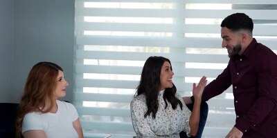 Bess Breast adn Abby Somers are sucking a cock together