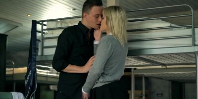 Blonde college girl analyzed by handsome teacher