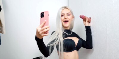 Teen slut got a huge cumshot on her face through the glory hole - Eva Elfie