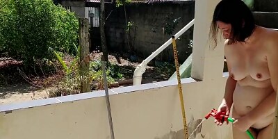 Nude Housewife Cleaning The Balcony