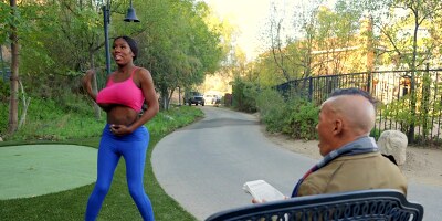 Ebony MILF Chong Dong huge fake tits and anal sex with creampie outdoors