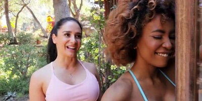 Tall guy dragged into threeway with busty Ebony sluts