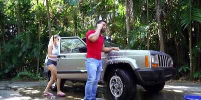 Filthy blonde fucks a car wash man and gets facialized