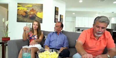 Teen lassie easily lures her grandpa's buddy on sex till facial