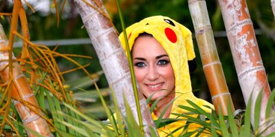 Playing Pokemon Go Train Lady Pikachu