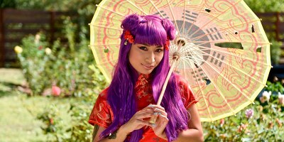 Little purple-haired teen bounces on a huge throbbing dick