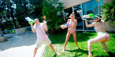 Teens enjoy a 4way fuck after having water guy battle