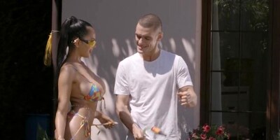 Sultry brunette seduces neighbor guy on wild coupling