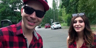 German guy picks up busty gal and measures her curvy figure