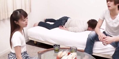 Cute Japanese doll is having fun with her two cute college buds