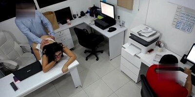 Girl boss fucks her coworker next to the assitent