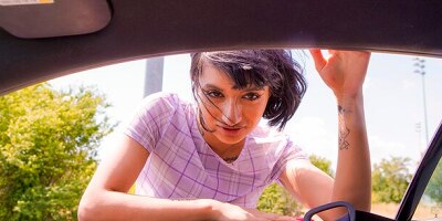 Pretty aesthetic silicone tits brunette Candy Scott fucked outdoors