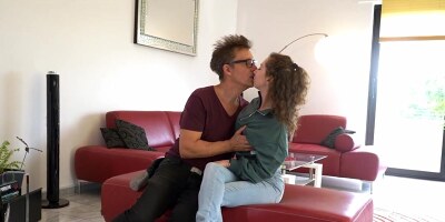 Girl with a tattoo on left hip fucked by stepdad