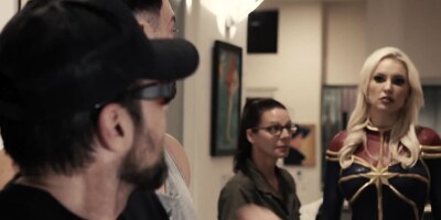 Blonde babe goes down on a masked guy and sucks his pecker