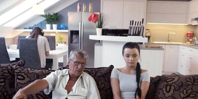 Horny minx sucks daddy's old cock behind boyfriend