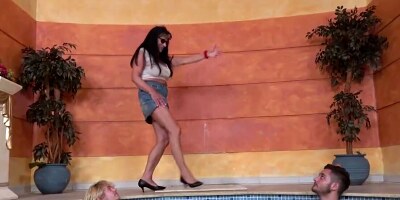 Granny with big tits seduces three boys in private pool