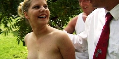 Farmer's daughter fucks two big strangers cocks in public