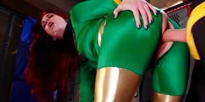 Naughty redhead girl is fucked through a hole on her costume