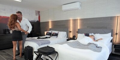 Hot colleagues Angel Youngs and Babi Star share a stud's dick