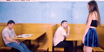 Slutty waitress fucks with a horny guest in the fast-food shop