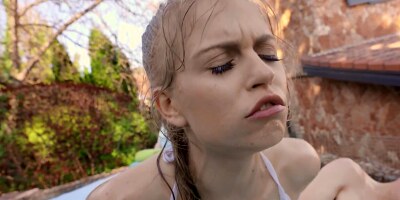 Man practices sex with Bonnie Dolce in pool and on lounger