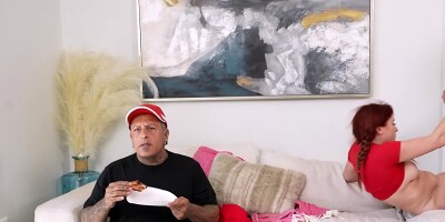 Delivery girl Odette Fox busy riding his perfect penis