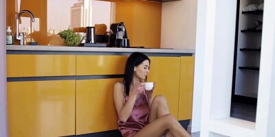 A blonde and a brunette are eating out with passion