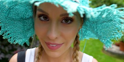 POV sex on the lawn with cute brunette Lucky Bee