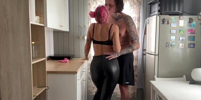 Made A Bitch In Leather Leggings Suck A Dick In The Kitchen And Cum On Her Face