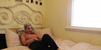 Good girl with short hair inserting fingers in her pussy