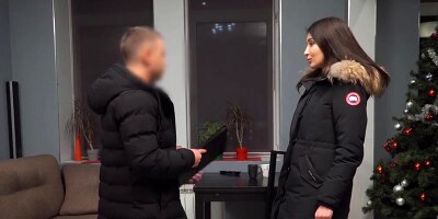 Stacked girl has to pleasure a debt collecting asshole