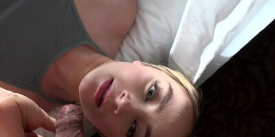 Sweet and classy blonde Maria Kazi sucks cock and mounts it riding hard POV