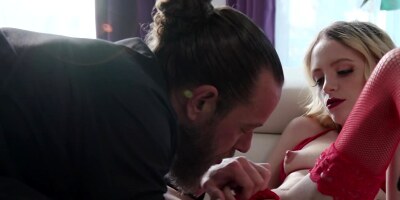 Sexy blonde wearing lingerie and teasing a stiff dong